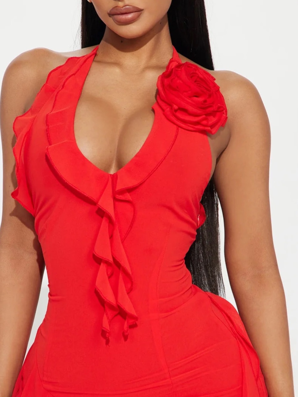 Fashion Nova Red One-Shoulder Rosette Ruffle Halter Dress